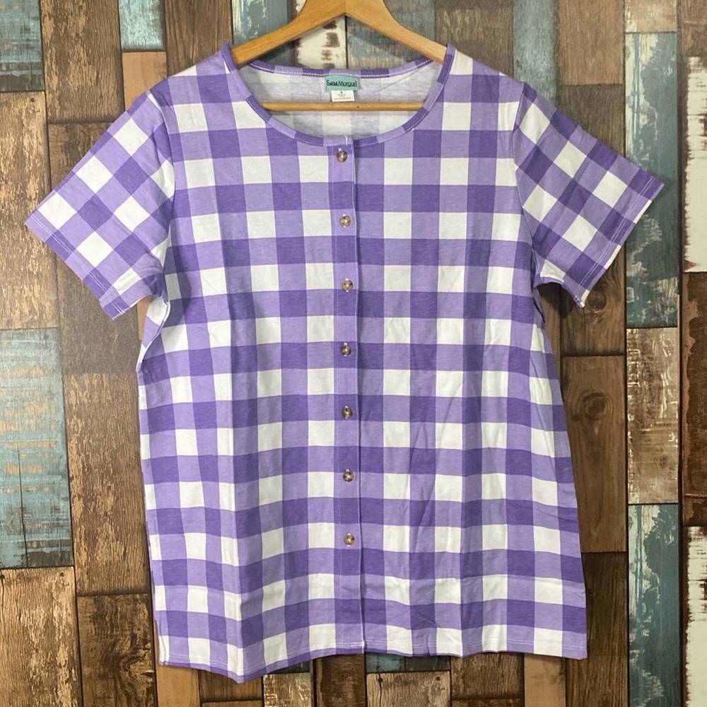 Sara Morgan medium purple checkered button down shirt